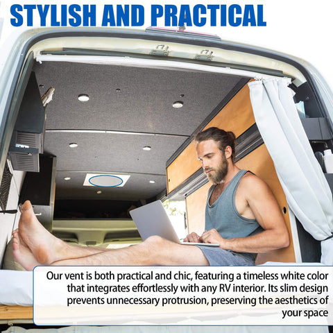 Man sitting in camper with 5-Pack 6.5 Inch RV Ceiling Vent Covers For Inside Camper With Rotatable Slats And Directional Airflow Replacement For RV AC Vents Fits 4 5 8 Inch Ducts Ships White Or Light Beige visible above.