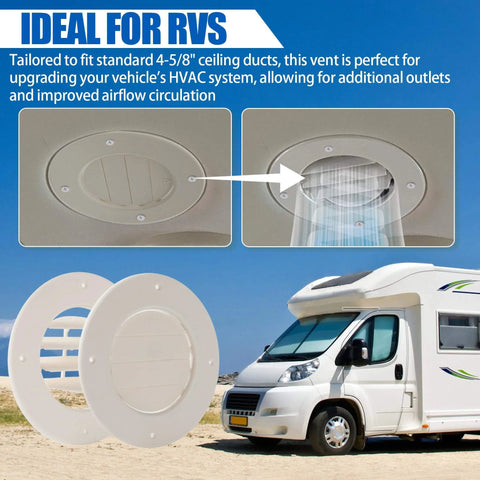 5-Pack 6.5 Inch RV Ceiling Vent Covers For Inside Camper With Rotatable Slats And Directional Airflow Replacement For RV AC Vents Fits 4 5 8 Inch Ducts Ships White Or Light Beige, installed in camper ceiling and displayed with vehicle.