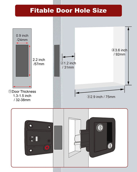 Illustration showing dimensions for Camper Door Lock And One And One Eighth Inch Cam Lock Set with deadbolt for RV entry door.