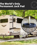 XTRA Singles RV Jack Pads for Fifth Wheels and motorhomes with 9-inch round jack feet shown installed on travel trailer