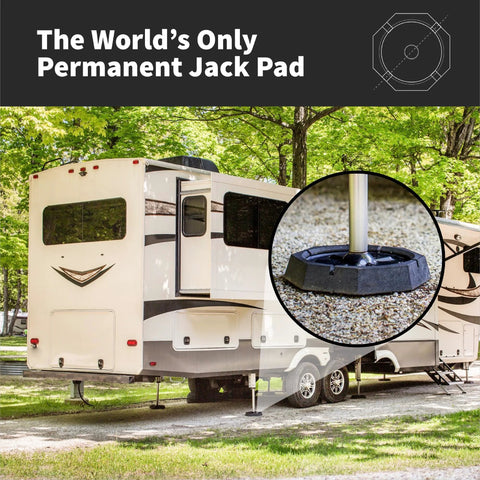 XTRA Singles RV Jack Pads for Fifth Wheels and motorhomes with 9-inch round jack feet shown installed on travel trailer