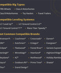 List of compatible rigs, leveling systems, and brands for XTRA Singles RV Jack Pads For Fifth Wheels And Motorhomes Travel Trailers.