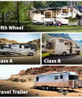 Image showing various RV types including Fifth Wheel, Class A, Class B, and Travel Trailer, which use XTRA Singles RV Jack Pads For Fifth Wheels And Motorhomes Travel Trailers With 9 Inch Round Jack Feet Designed For Easy Quick Fit And Safer Leveling On Uneven Surfaces Compatible With Major Brands And Leveling Systems Made In USA.