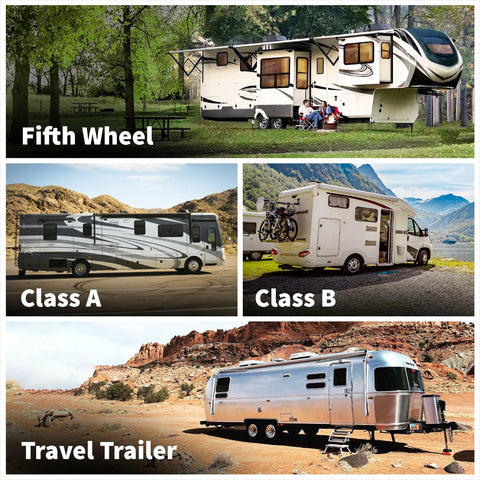 Image showing various RV types including Fifth Wheel, Class A, Class B, and Travel Trailer, which use XTRA Singles RV Jack Pads For Fifth Wheels And Motorhomes Travel Trailers With 9 Inch Round Jack Feet Designed For Easy Quick Fit And Safer Leveling On Uneven Surfaces Compatible With Major Brands And Leveling Systems Made In USA.