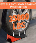 RV Camper Leveler Kit With 2 Curved Levelers 2 Wheel Chocks Anti Slip Mats And Carrying Bag Heavy Duty Leveling Blocks Up To 35000 Lbs For Travel Trailers And Campers Simple Quick Leveling You Can Trust under a vehicle tire demonstrating its load capacity of 35000 lbs.