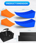 Heavy Duty RV Leveler Kit For Camping, 2 Pack Curved Wheel Levelers With Anti Slip Mats And Carrying Bag, Supports Up To 35,000 Lbs, Keeps Your Camper Level And Stable On Any Surface. Shown with dimensions: orange and blue wheel chocks, black carrying bag.