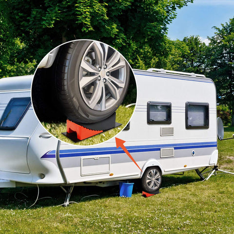 RV Camper Leveler Kit With 2 Curved Levelers 2 Wheel Chocks Anti Slip Mats And Carrying Bag Heavy Duty Leveling Blocks Up To 35000 Lbs For Travel Trailers And Campers Simple Quick Leveling You Can Trust installed on a trailer