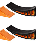 Camper Leveler 2 Pack Kit With Curved RV Levelers And Trailer Wheel Chocks For Dual Axle Trailers, black and orange set