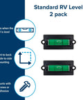 All Purpose RV Levelers For Front To Back And Side To Side Leveling That Keeps Your Camper Super Stable And Level With Easy Install Using Screws Or Adhesive Tape Plus Bubble EasyView Display 2 Pack PerfectAxis System By Camco shown in packaging