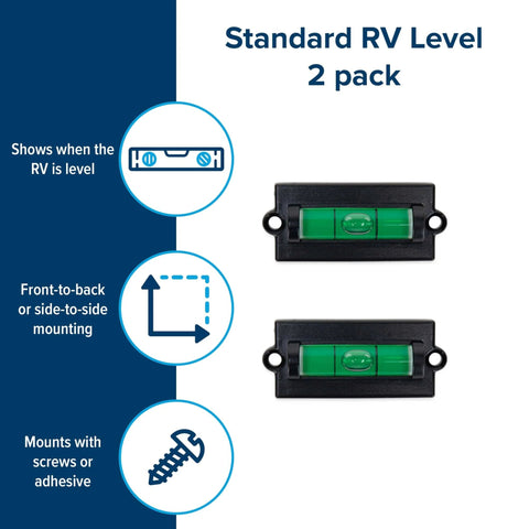 All Purpose RV Levelers For Front To Back And Side To Side Leveling That Keeps Your Camper Super Stable And Level With Easy Install Using Screws Or Adhesive Tape Plus Bubble EasyView Display 2 Pack PerfectAxis System By Camco shown in packaging