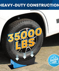 Rugged RV Leveling Blocks For Travel Trailers Up To 35000 Lbs Curved Levelers 2 Pack With Blue Chocks in use under tire