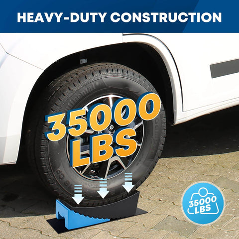 Rugged RV Leveling Blocks For Travel Trailers Up To 35000 Lbs Curved Levelers 2 Pack With Blue Chocks in use under tire