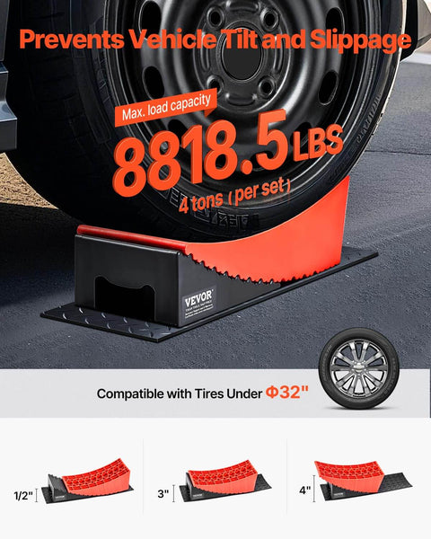 Heavy Duty RV Leveling Blocks Set For Campers And Trailers 2 Pack Up To 8818.5 Lbs Support 4 Inch Max Height Curved Design With Anti Slip Mat Carrying Bag And Wheel Chocks Dual Axle Ready Stable On Uneven Ground shown in use under tire.