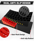 Heavy Duty RV Leveling Blocks for Travel Trailers With Anti Slip Mats and Chocks, 2 Pack Includes Carry Bag, 4 Inch Max Leveling Height, Works Up To 35000 Lbs GVW, Red by ROBLOCK, showing gear mesh design and anti-slip mat.