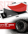 RV Leveling Blocks Two Pack System With Two Chocks And Anti Slip Mats For Travel Trailers And Campers Up To 35000 Lbs No Hassle Quick Leveling Ramp Kit, showing red and black blocks with dimensions, suitable for up to 32-inch tires.