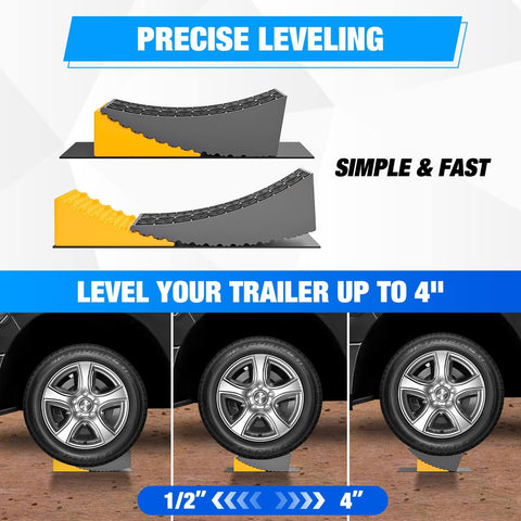 Image showing RV Leveling Blocks 2 Pack For Travel Trailers And Motorhomes By Nilight Dual Axles High Density Polyethylene Heavy Duty Level Ramp System Up To 35000 Lbs For Fast Safe And Easy Leveling On Any Surface Yellow with illustrations of leveling heights.