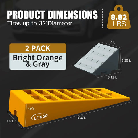 Image showing Heavy Duty RV Leveling Blocks Set For Travel Trailers And Campers With Storage Bag Adjustable Up To 3 Inches And Supports Up To 10000 Lbs 2 Pack Leidgg, featuring bright orange and gray blocks with product dimensions and weight.