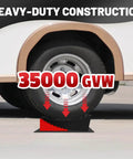 Heavy Duty RV Leveling Blocks for Travel Trailers With Anti Slip Mats and Chocks, 2 Pack Includes Carry Bag, 4 Inch Max Leveling Height, Works Up To 35000 Lbs GVW, Red by ROBLOCK in use under a trailer tire.