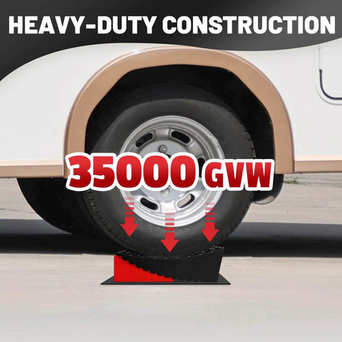 Heavy Duty RV Leveling Blocks for Travel Trailers With Anti Slip Mats and Chocks, 2 Pack Includes Carry Bag, 4 Inch Max Leveling Height, Works Up To 35000 Lbs GVW, Red by ROBLOCK in use under a trailer tire.
