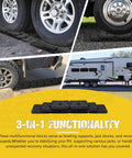 3 In 1 RV Leveling Blocks Set For Camper And Trailer Stackable Jack Blocks Interlocking Recovery Boards And Wheel Stabilizers 10 Pack With Carry Bag Black shown supporting wheels on diverse surfaces