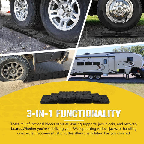 3 In 1 RV Leveling Blocks Set For Camper And Trailer Stackable Jack Blocks Interlocking Recovery Boards And Wheel Stabilizers 10 Pack With Carry Bag Black shown supporting wheels on diverse surfaces