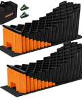 Heavy Duty RV Leveling Blocks Five Inch For Trailers Up To Fifty Thousand Pounds With Curved Camper Levelers Anti Slip Joint System Wheel Chocks Rubber Mats And Carry Bag Orange, front view.