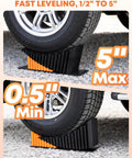 Heavy Duty RV Leveling Blocks Five Inch For Trailers Up To Fifty Thousand Pounds With Curved Camper Levelers Anti Slip Joint System Wheel Chocks Rubber Mats And Carry Bag Orange shown in use