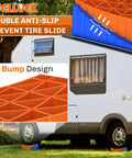 Heavy Duty RV Leveling Blocks Kit For Camper With Anti Slip Mats Two Pack Curved Design Up To 35000 Lbs. Side view of camper supported by orange blocks.