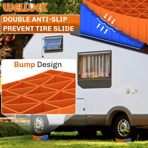 Heavy Duty RV Leveling Blocks Kit For Camper With Anti Slip Mats Two Pack Curved Design Up To 35000 Lbs. Side view of camper supported by orange blocks.