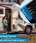 Sturdy 2 Pack RV Leveling Blocks Kit With Carrying Bag Anti Slip Mats And Bubble Level For Campers Trailers And SUVs Up To 35000 Lbs Heavy Duty Solid PP Construction Works With Tires Ready to Roll Up to 32 Inches shown near a camper.