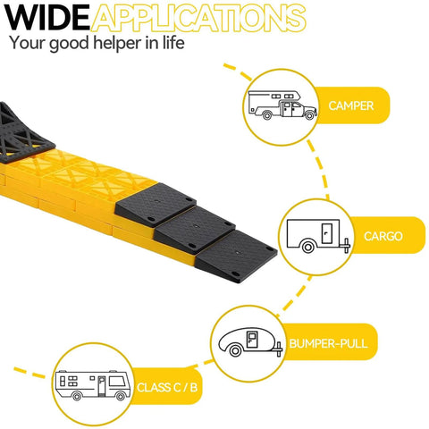 Image showing RV Camper Leveling Blocks Set With Anti Slip Pads Interlocking Design 10 Pack applications for campers, cargo, and trailers.