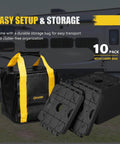 3 In 1 RV Leveling Blocks Set For Camper And Trailer Stackable Jack Blocks Interlocking Recovery Boards And Wheel Stabilizers 10 Pack With Carry Bag Black, shown with black and yellow carry bag on grass.