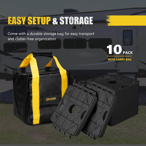 3 In 1 RV Leveling Blocks Set For Camper And Trailer Stackable Jack Blocks Interlocking Recovery Boards And Wheel Stabilizers 10 Pack With Carry Bag Black, shown with black and yellow carry bag on grass.