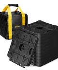 3 In 1 RV Leveling Blocks Set For Camper And Trailer Stackable Jack Blocks Interlocking Recovery Boards And Wheel Stabilizers 10 Pack With Carry Bag Black, shown with carrying bag and stacked blocks.