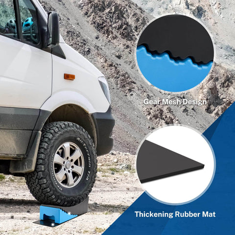 RV tire on Rugged RV Leveling Blocks For Travel Trailers Up To 35000 Lbs Curved Levelers 2 Pack With Blue Chocks.