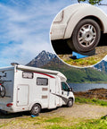 RV with bicycle rack parked on uneven ground using Rugged RV Leveling Blocks For Travel Trailers Up To 35000 Lbs Curved Levelers 2 Pack