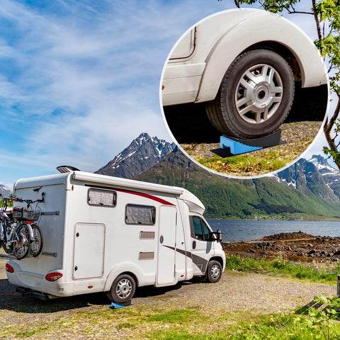 RV with bicycle rack parked on uneven ground using Rugged RV Leveling Blocks For Travel Trailers Up To 35000 Lbs Curved Levelers 2 Pack