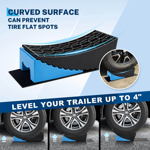 Rugged RV Leveling Blocks For Travel Trailers Up To 35000 Lbs Curved Levelers 2 Pack With Blue Chocks 2 Non Slip Mats Kohree