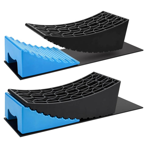 Rugged RV Leveling Blocks For Travel Trailers Up To 35000 Lbs Curved Levelers 2 Pack With Blue Chocks and Mats