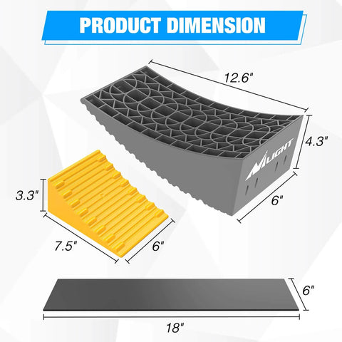 RV Leveling Blocks 2 Pack For Travel Trailers And Motorhomes By Nilight Dual Axles High Density Polyethylene Heavy Duty Level Ramp System Up To 35000 Lbs For Fast Safe And Easy Leveling On Any Surface Yellow showing product dimensions.