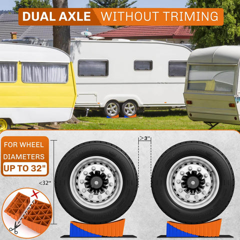 Heavy Duty RV Leveling Blocks Kit For Camper With Anti Slip Mats Two Pack Curved Design Up To 35000 Lbs For Travel Trailer Easier And Faster Leveling Today showing dual axle setup and compatibility with large wheels.