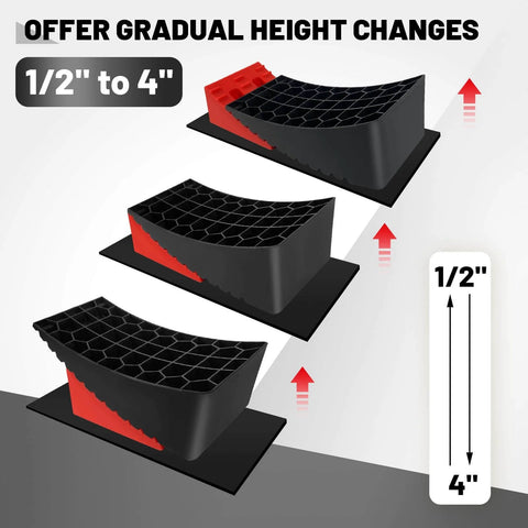 Heavy Duty RV Leveling Blocks for Travel Trailers With Anti Slip Mats and Chocks, 2 Pack Includes Carry Bag, 4 Inch Max Leveling Height, Works Up To 35000 Lbs GVW, Red by ROBLOCK showing leveling options from 1/2 inch to 4 inches