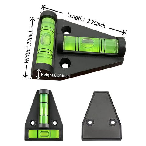 Black and green spirit level with measurements for length and width, featuring two bubble vials and mounting holes on a triangular base.