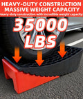 Car wheel on RV Leveling Blocks Ramp Kit 2 Pack Heavy Duty Camper Leveler Chocks Kit With 35,000 Lbs Capacity showing durability
