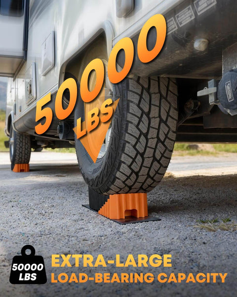 Heavy Duty RV Leveling Blocks Five Inch For Trailers Up To Fifty Thousand Pounds With Curved Camper Levelers Anti Slip Joint System Wheel Chocks Rubber Mats And Carry Bag Orange installed under RV wheel with 50,000 lbs capacity highlighted.