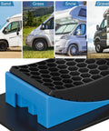 Sturdy 2 Pack RV Leveling Blocks Kit With Carrying Bag Anti Slip Mats And Bubble Level For Campers Trailers And SUVs Up To 35000 Lbs Heavy Duty Solid PP Construction Works With Tires Ready to Roll Up to 32 Inches shown with terrain examples of sand, grass, snow, gravel. Close-up of blue and black leveler.