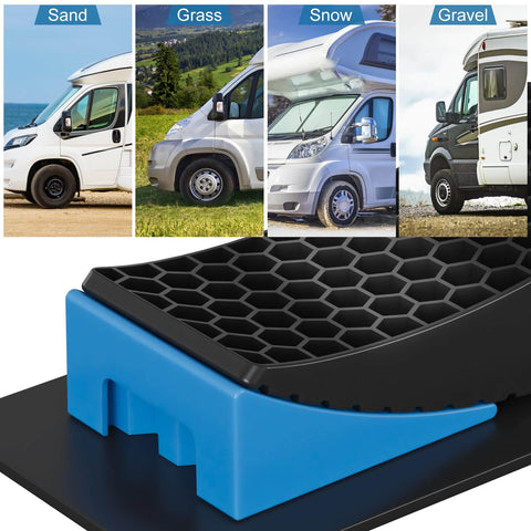 Sturdy 2 Pack RV Leveling Blocks Kit With Carrying Bag Anti Slip Mats And Bubble Level For Campers Trailers And SUVs Up To 35000 Lbs Heavy Duty Solid PP Construction Works With Tires Ready to Roll Up to 32 Inches shown with terrain examples of sand, grass, snow, gravel. Close-up of blue and black leveler.