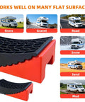 RV Leveling Blocks Ramp Kit 2 Pack Heavy Duty Camper Leveler Chocks Kit With 35,000 Lbs Capacity showing use on various surfaces