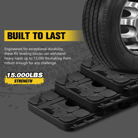3 In 1 RV Leveling Blocks Set For Camper And Trailer Stackable Jack Blocks Interlocking Recovery Boards And Wheel Stabilizers 10 Pack With Carry Bag Black shown supporting a vehicle tire, highlighting durability with 15,000 lbs strength.