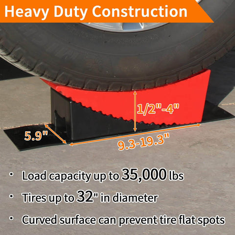 RV Leveling Blocks Kit for Dual Axle Travel Trailer With Ramp Chocks Rubber Mats Bubble Level and Carry Bag Heavy Duty HDPE Non Slip System Adjustable From One Half Inch To Four Inches In Minutes By OULEME under tire, red block, measurement guide